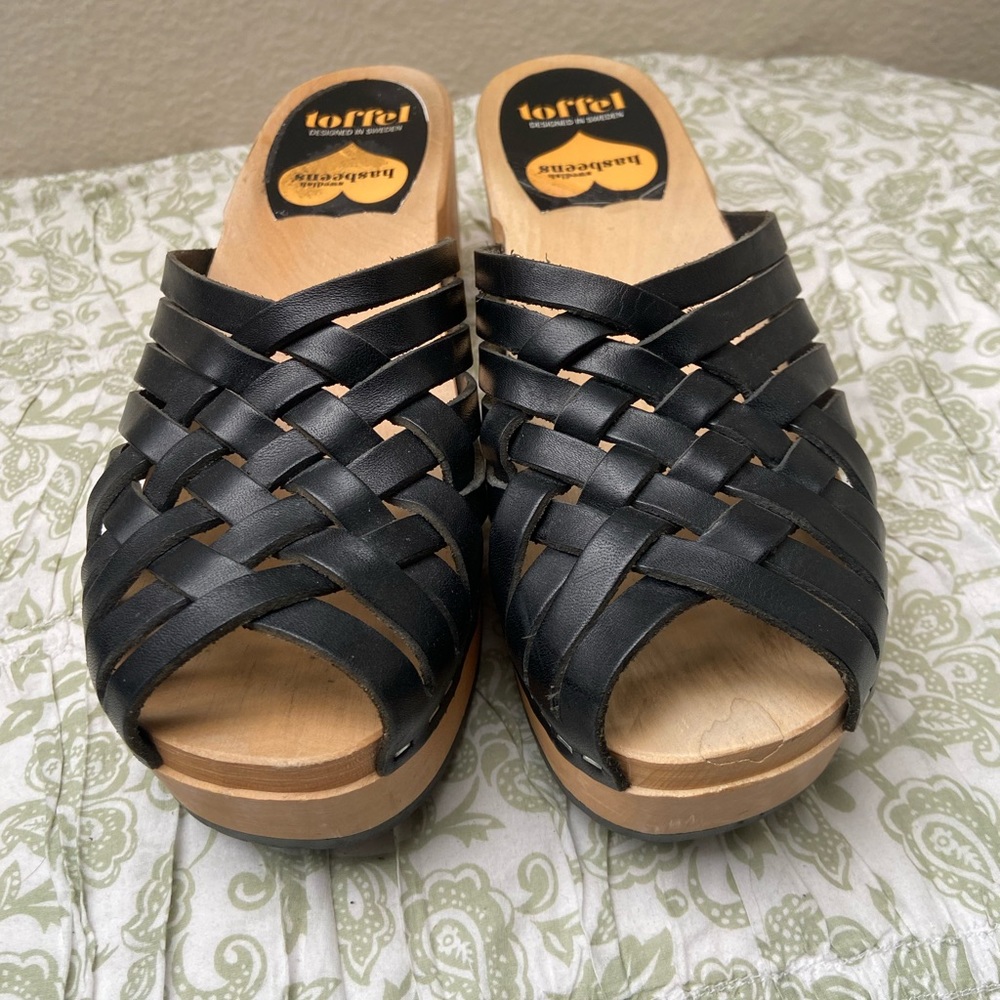 Swedish Hasbeens Black Leather Mules